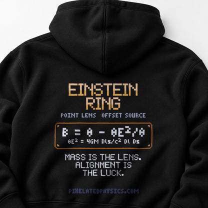 Black Einstein Ring physics hoodie, pixel-art gravitational lensing design, back view