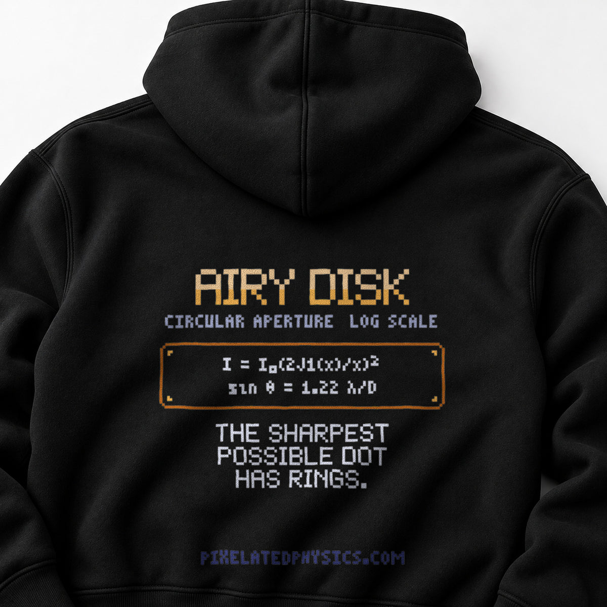 Black Airy Disk physics hoodie, pixel-art Airy diffraction pattern design, back view