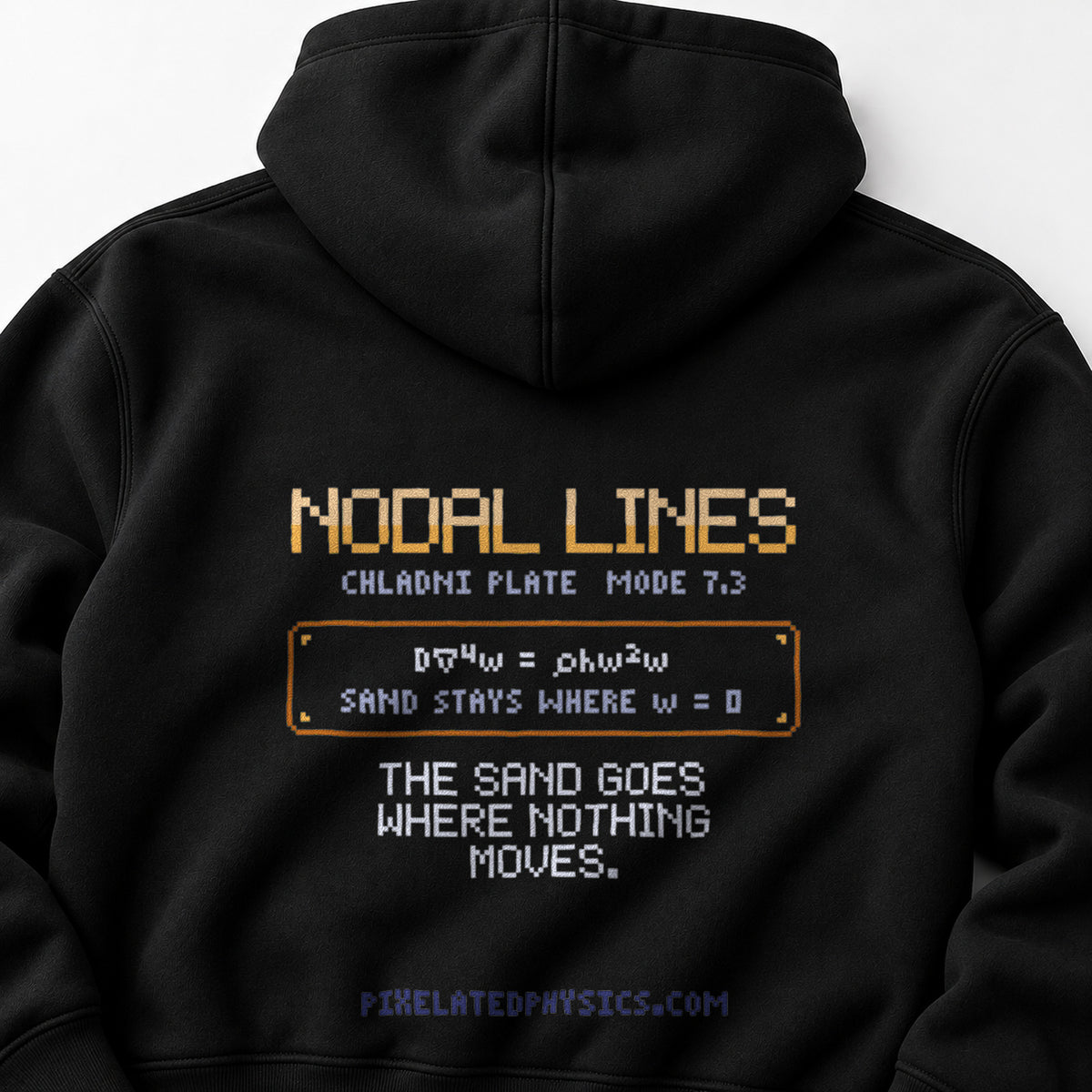 Black Nodal Lines physics hoodie, pixel-art Chladni figure design, back view