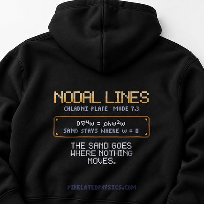 Black Nodal Lines physics hoodie, pixel-art Chladni figure design, back view