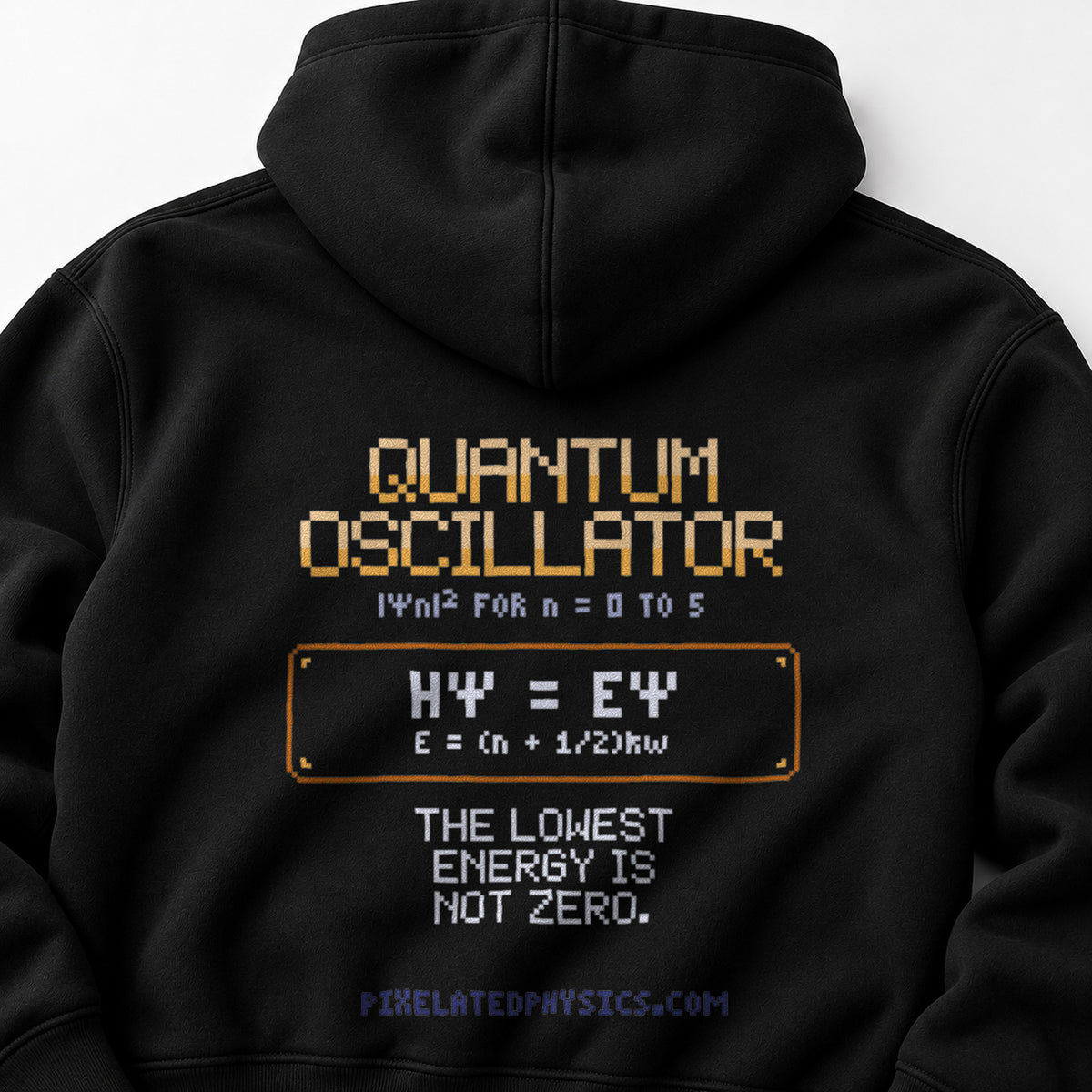 Black Quantum Oscillator physics hoodie, pixel-art quantum harmonic oscillator design, back view