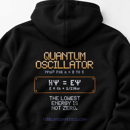 Black Quantum Oscillator physics hoodie, pixel-art quantum harmonic oscillator design, back view