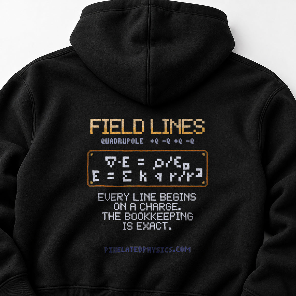 Black Field Lines physics hoodie, pixel-art electric quadrupole field design, back view