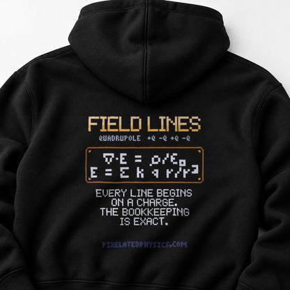 Black Field Lines physics hoodie, pixel-art electric quadrupole field design, back view