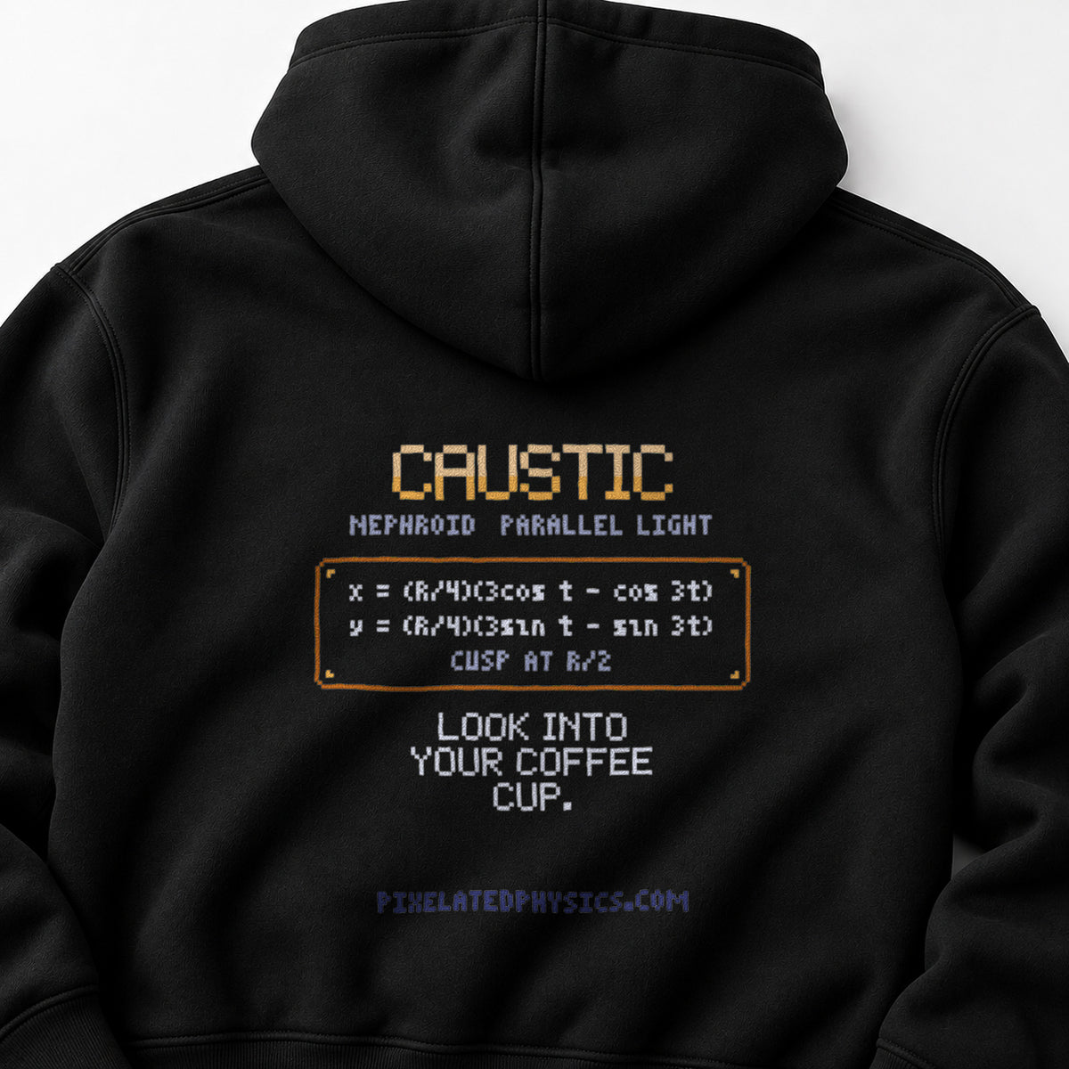 Black Caustic physics hoodie, pixel-art coffee-cup caustic (nephroid) design, back view