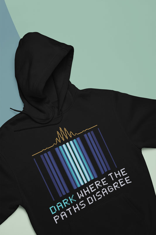 Double Slit Hoodie – DARK WHERE THE PATHS DISAGREE | Pixelated Physics – flat front