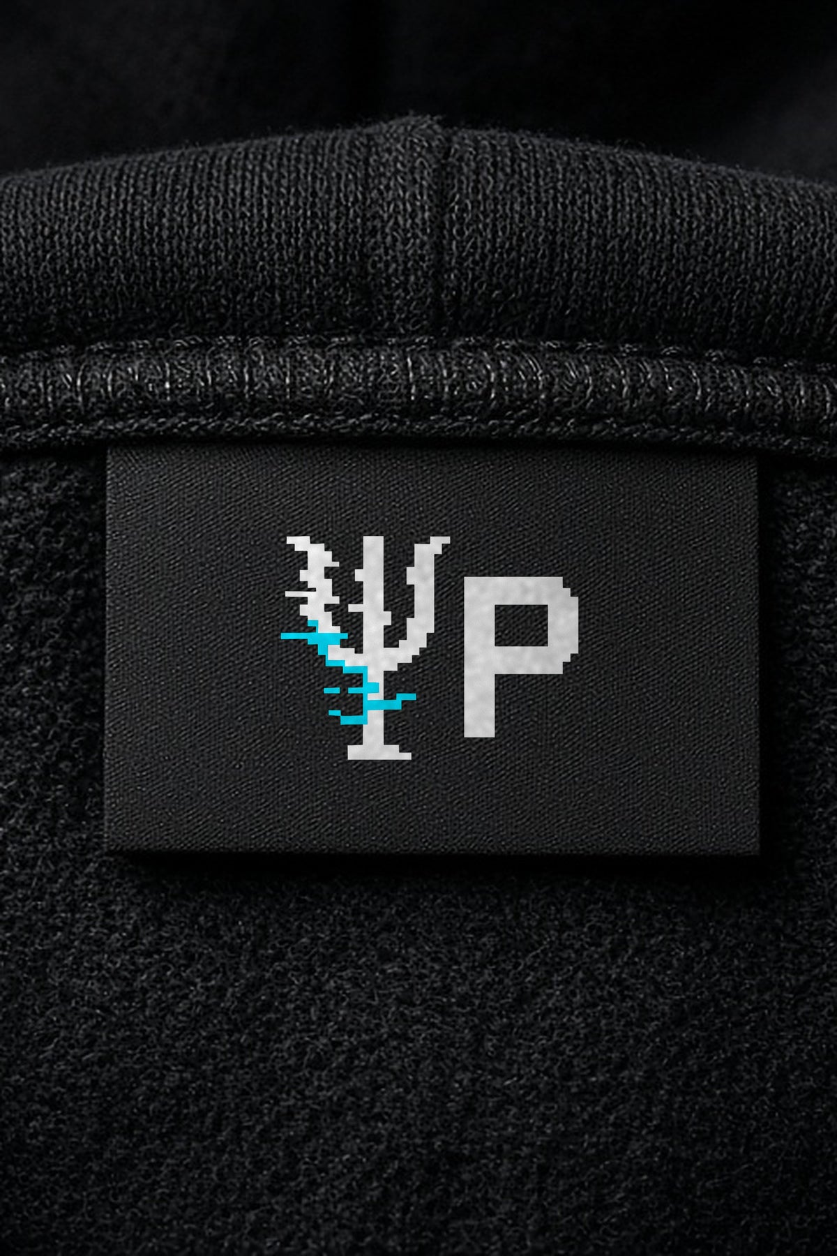Black Double Slit physics hoodie, ΨP Pixelated Physics neck label