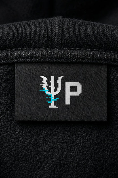 Black Soliton physics hoodie, ΨP Pixelated Physics neck label