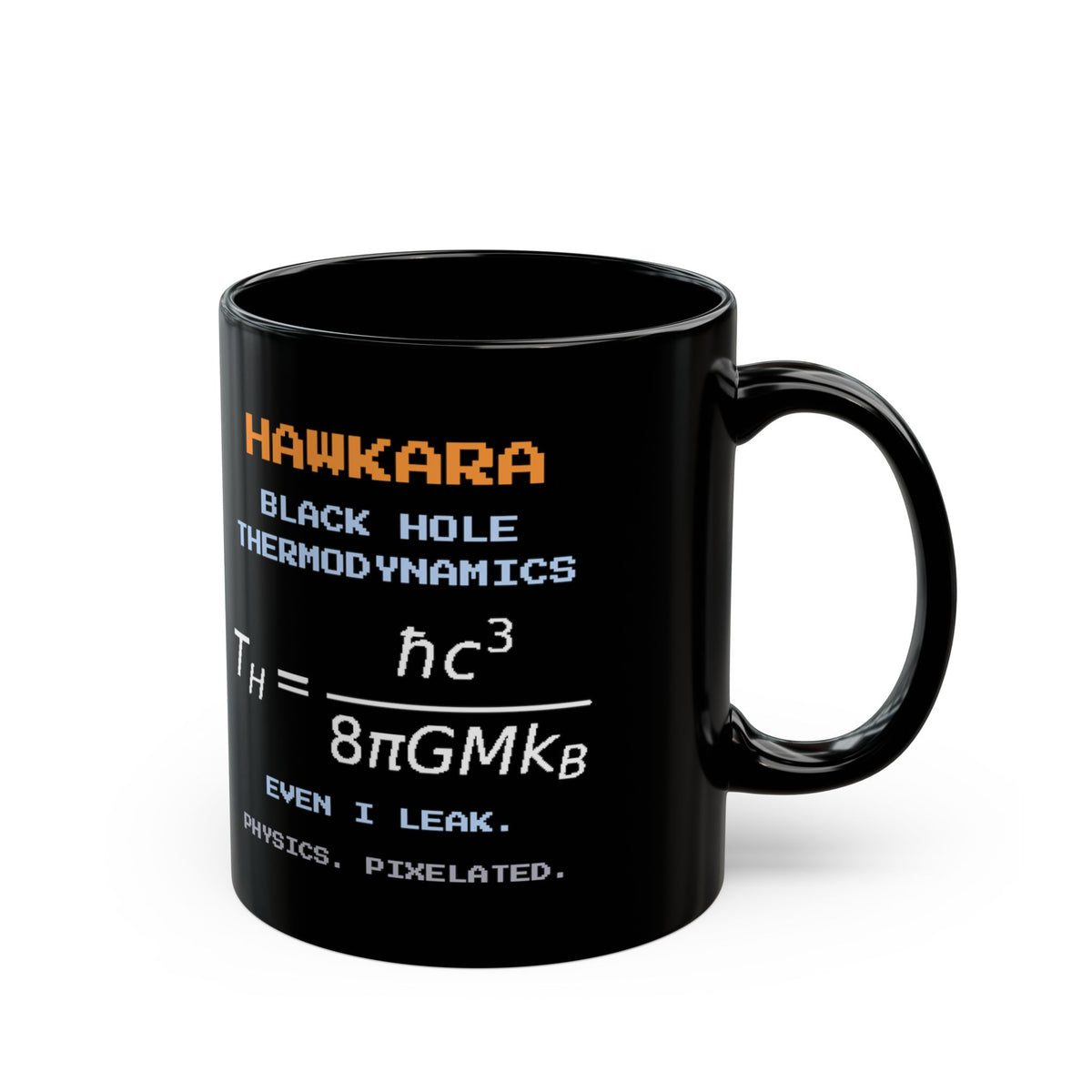 Hawkara – Hawking Radiation pixel-art physics mug, black ceramic, view 3