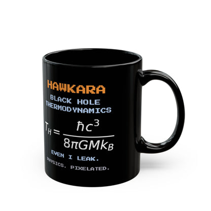 Hawkara – Hawking Radiation pixel-art physics mug, black ceramic, view 3