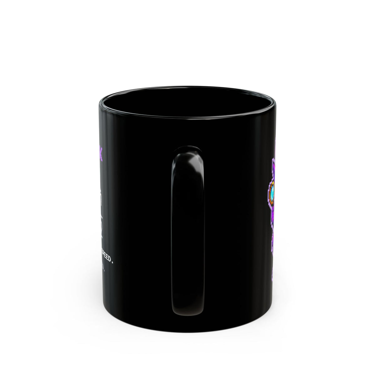Fuzzwick – Uncertainty Principle pixel-art physics mug, black ceramic, view 5