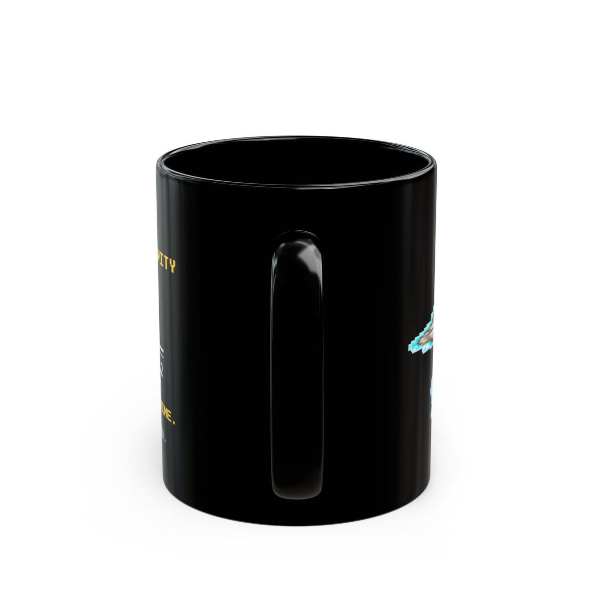 Dilatia – Time Dilation pixel-art physics mug, black ceramic, view 5