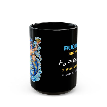 Buoyara – Archimedes’ Principle pixel-art physics mug, black ceramic, view 2