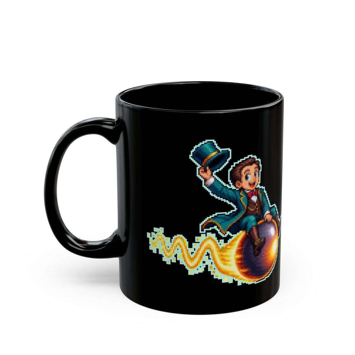 Debroglio – Matter Waves pixel-art physics mug, black ceramic, view 4