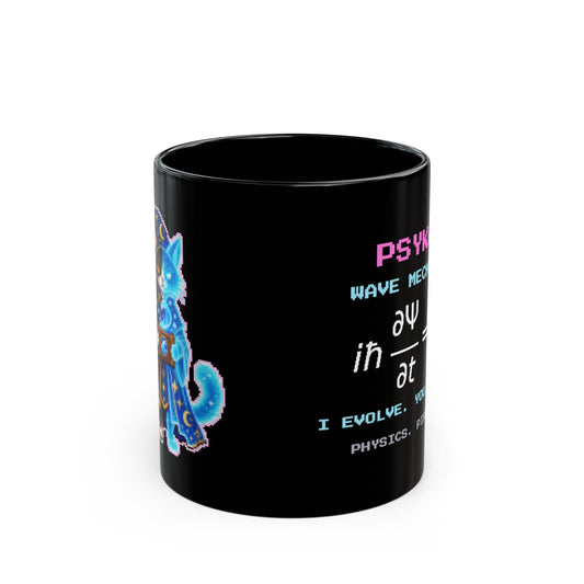 Psykat – Schrödinger Equation pixel-art physics mug, black ceramic, view 1