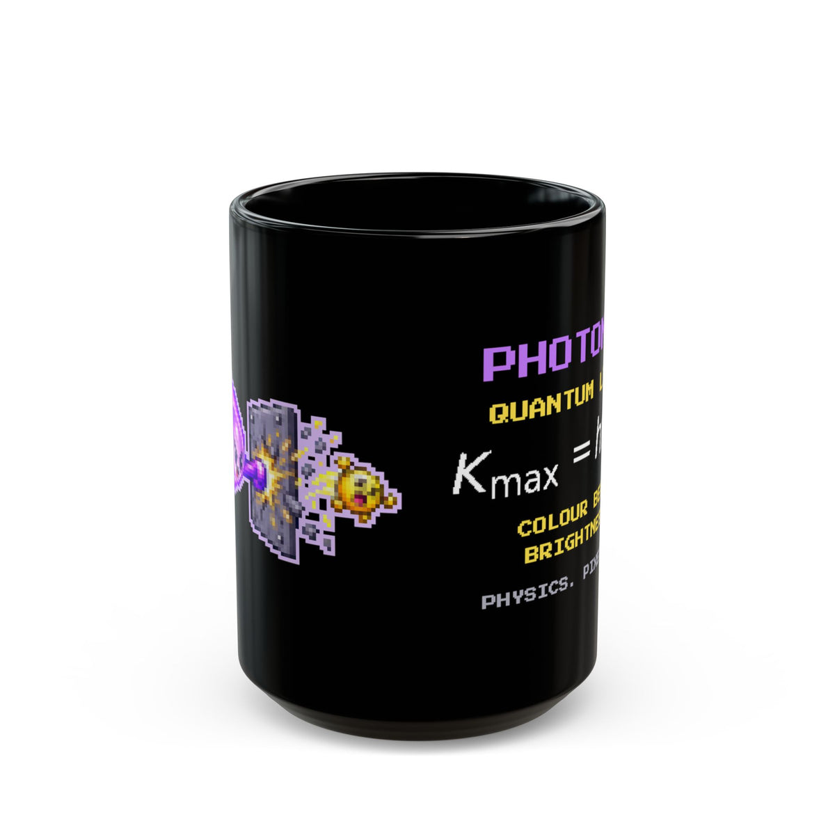Photonix – Photoelectric Effect pixel-art physics mug, black ceramic, view 2