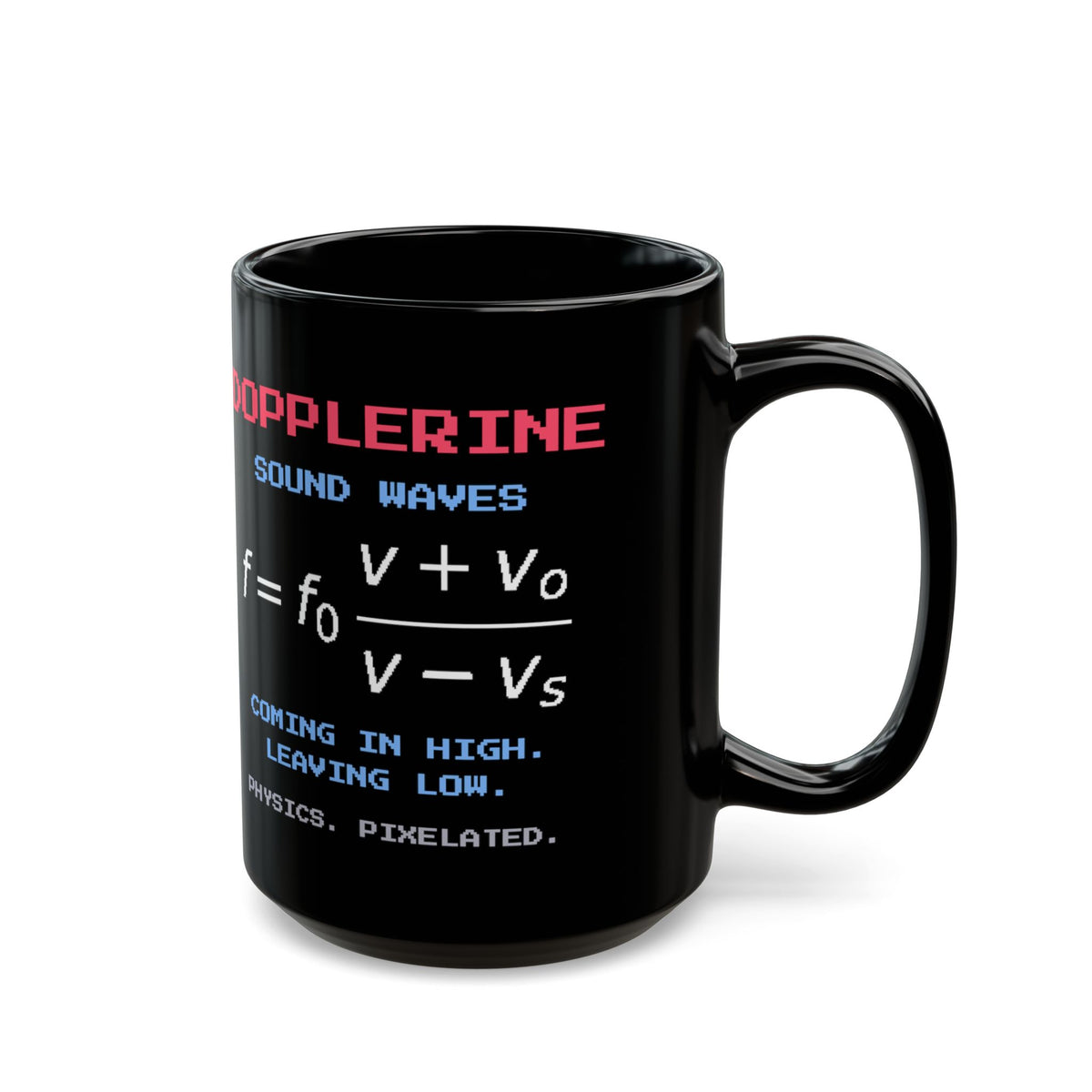 Dopplerine – Doppler Effect pixel-art physics mug, black ceramic, view 6