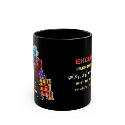 Exclusor – Pauli Exclusion pixel-art physics mug, black ceramic, view 1