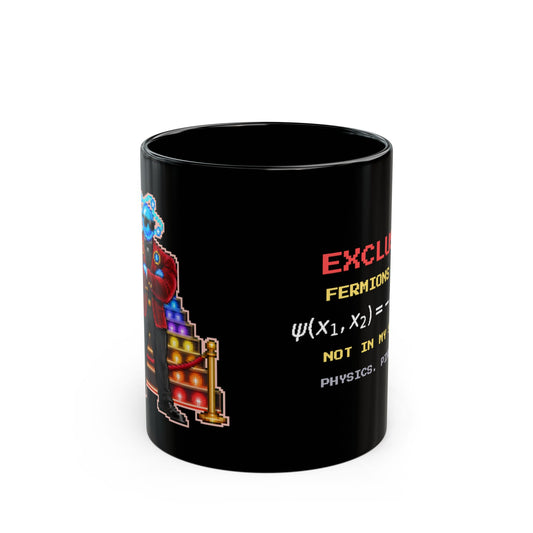 Exclusor – Pauli Exclusion pixel-art physics mug, black ceramic, view 1