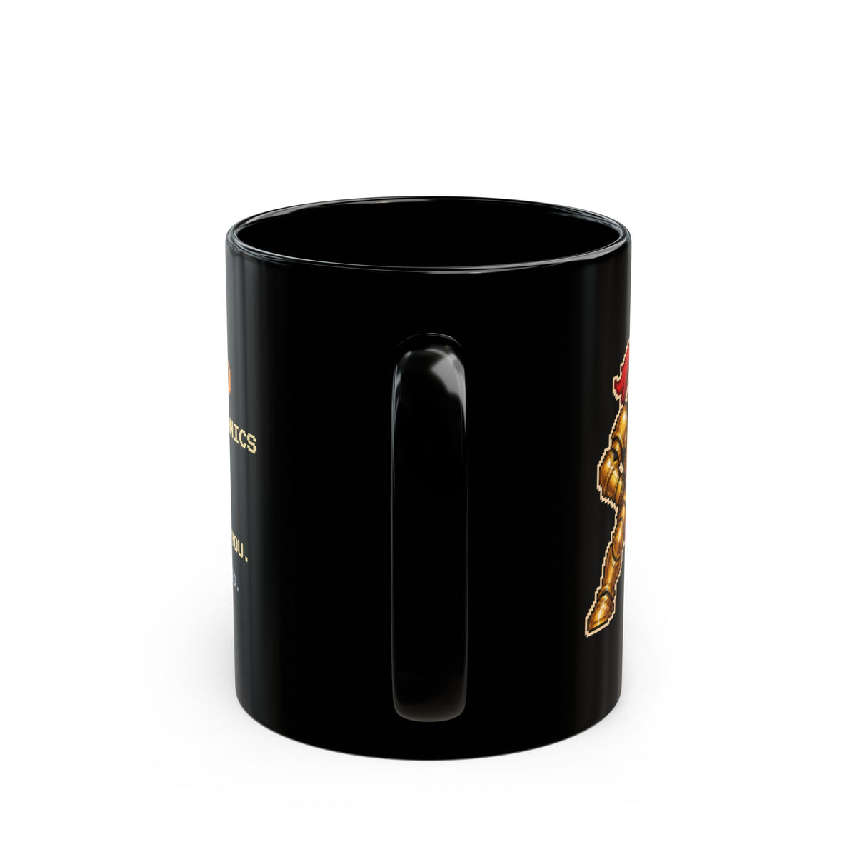 Inertio – Newton’s Second Law pixel-art physics mug, black ceramic, view 5