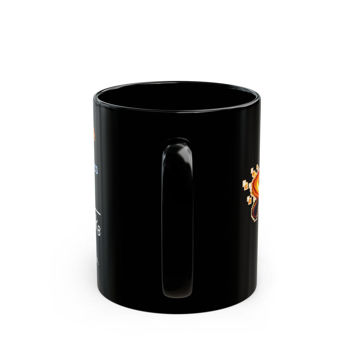 Hawkara – Hawking Radiation pixel-art physics mug, black ceramic, view 5