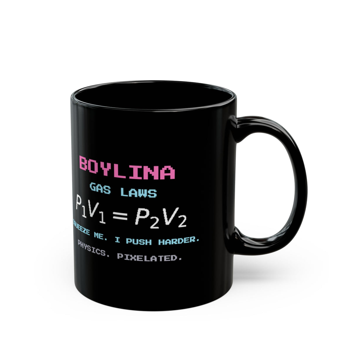 Boylina – Boyle’s Law pixel-art physics mug, black ceramic, view 3