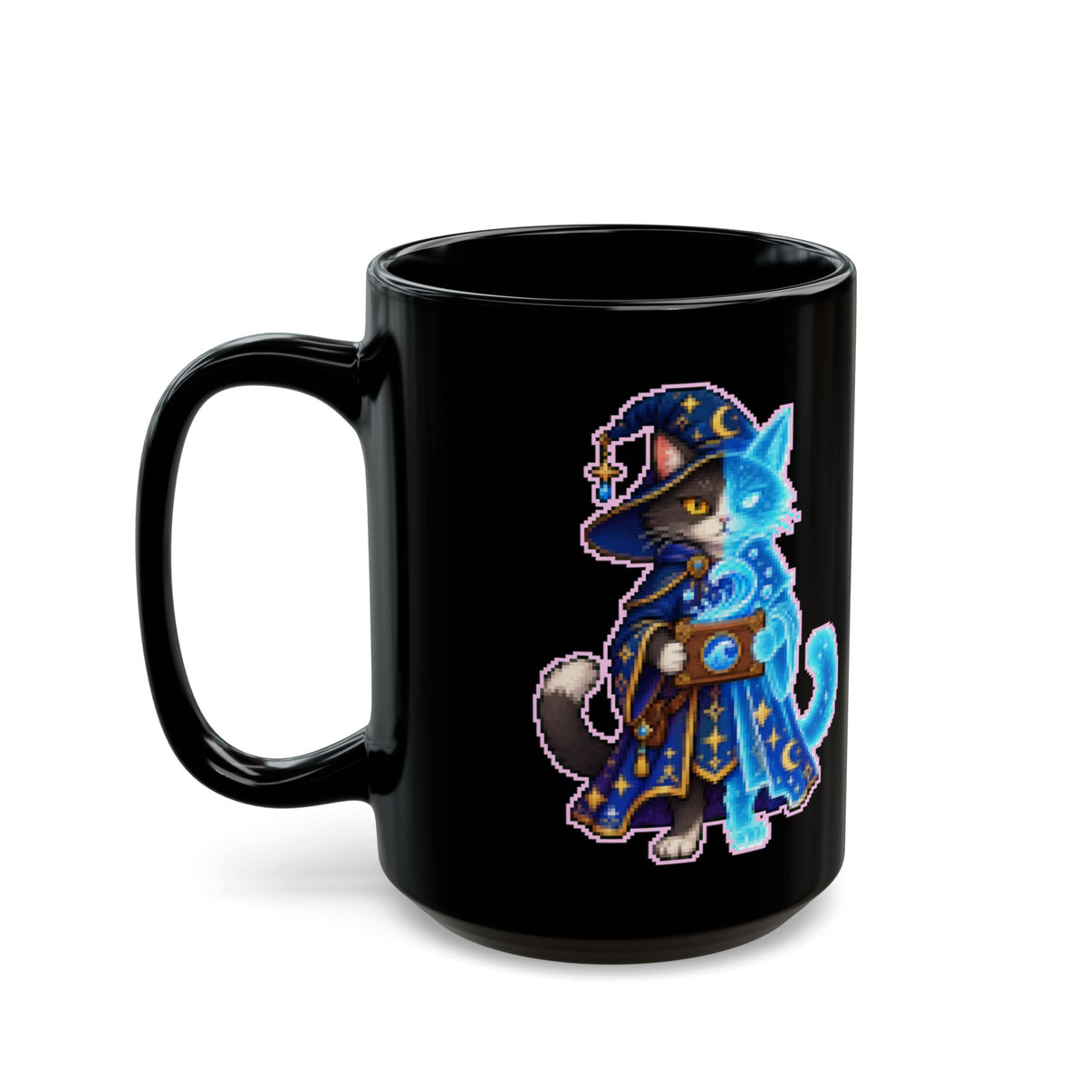 Psykat – Schrödinger Equation pixel-art physics mug, black ceramic, view 7