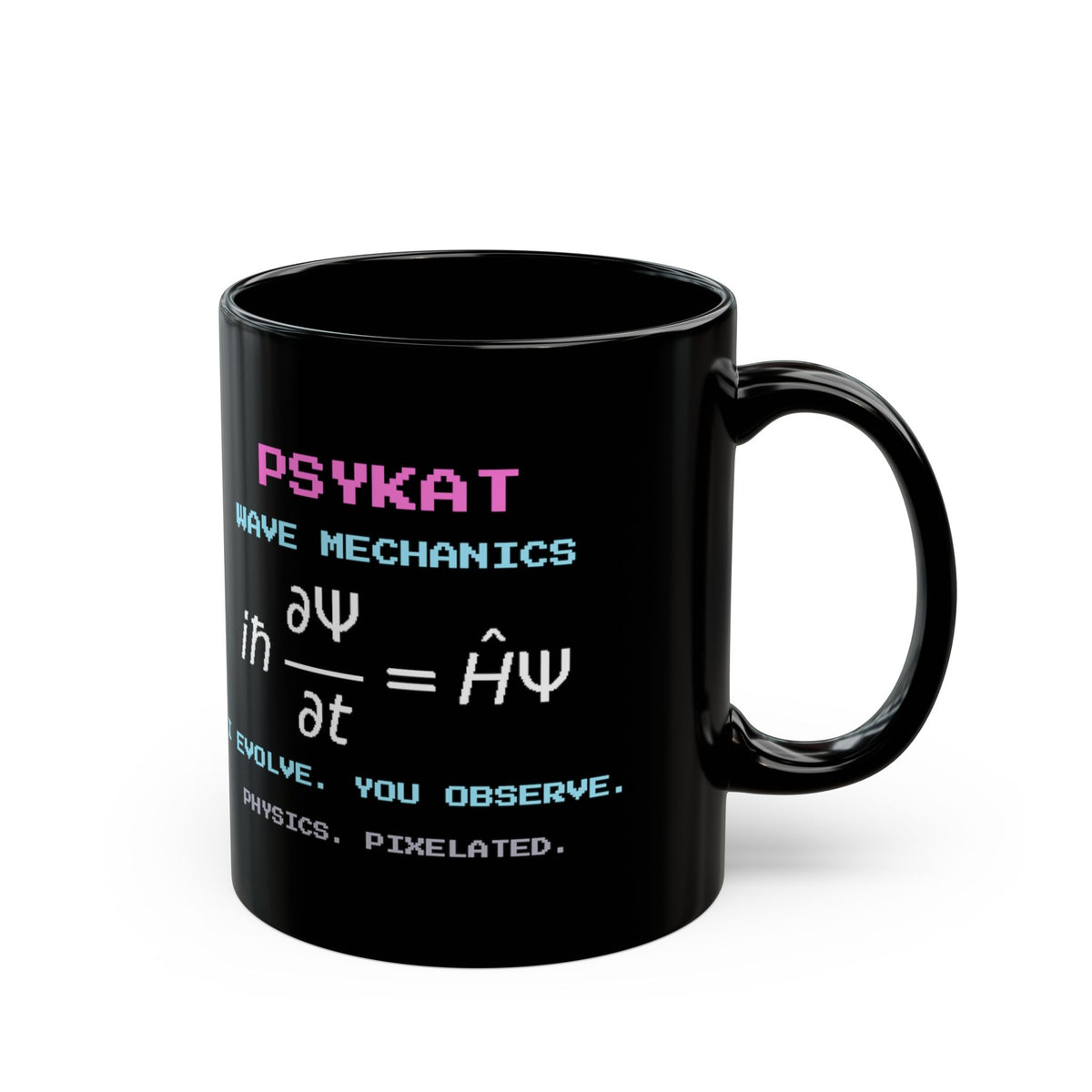 Psykat – Schrödinger Equation pixel-art physics mug, black ceramic, view 3