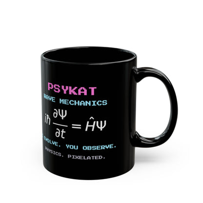 Psykat – Schrödinger Equation pixel-art physics mug, black ceramic, view 3