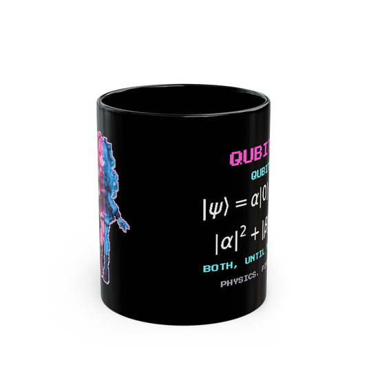 Qubitta – Quantum Superposition pixel-art physics mug, black ceramic, view 1