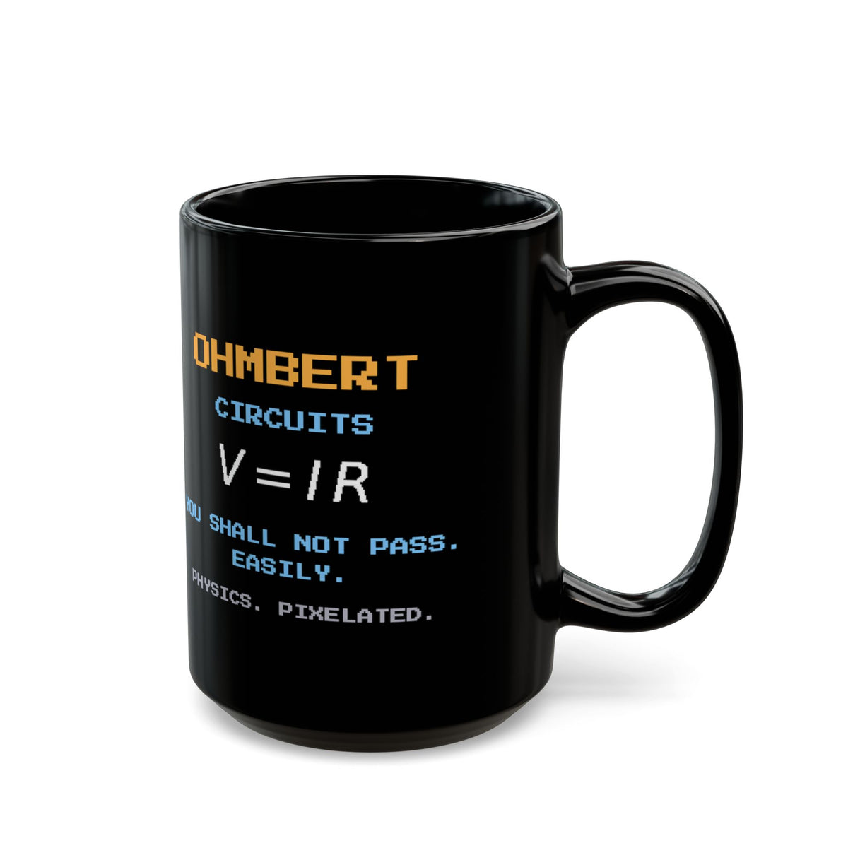 Ohmbert – Ohm’s Law pixel-art physics mug, black ceramic, view 6