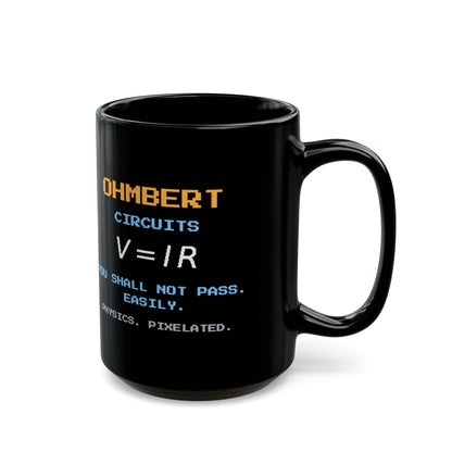 Ohmbert – Ohm’s Law pixel-art physics mug, black ceramic, view 6