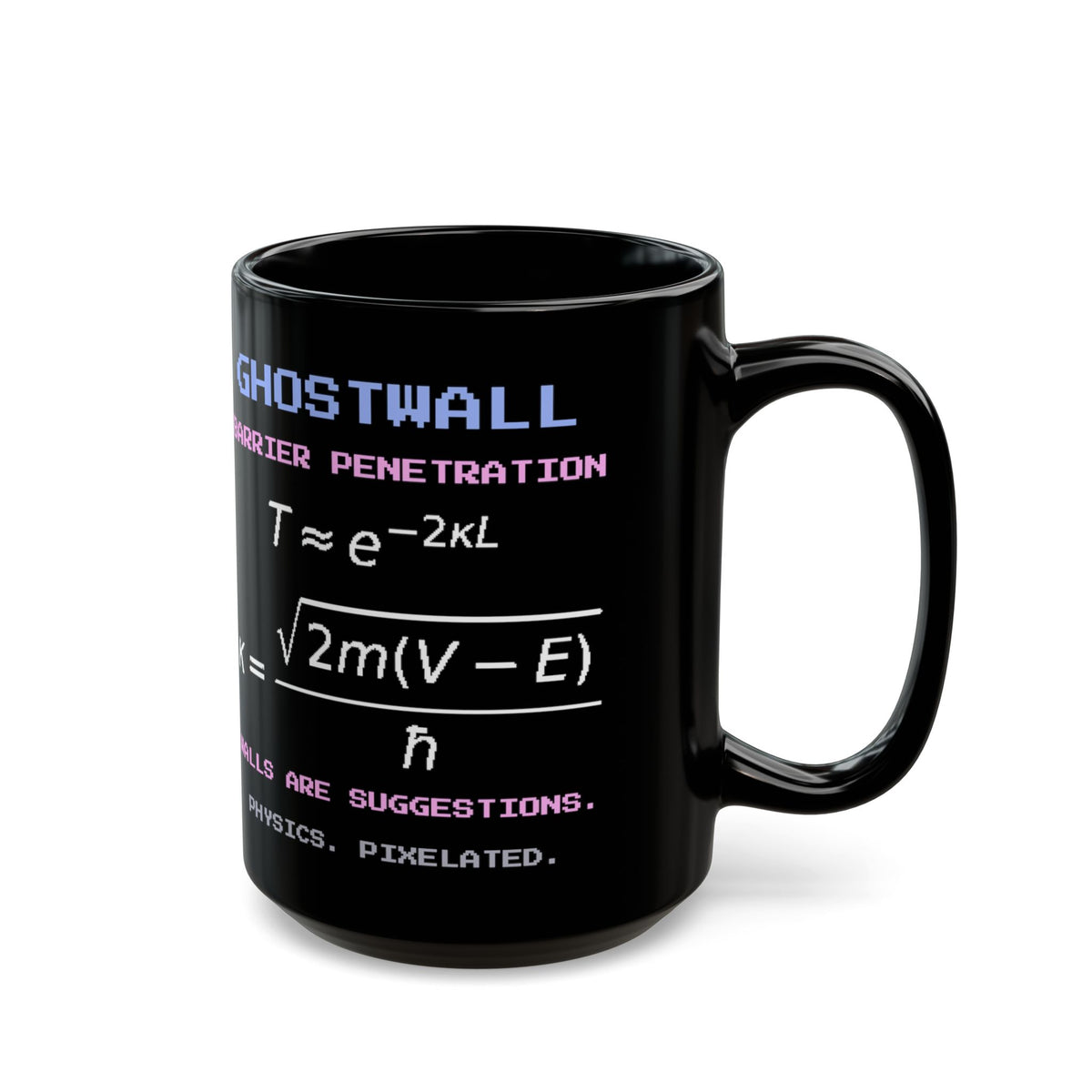 Ghostwall – Quantum Tunnelling pixel-art physics mug, black ceramic, view 6