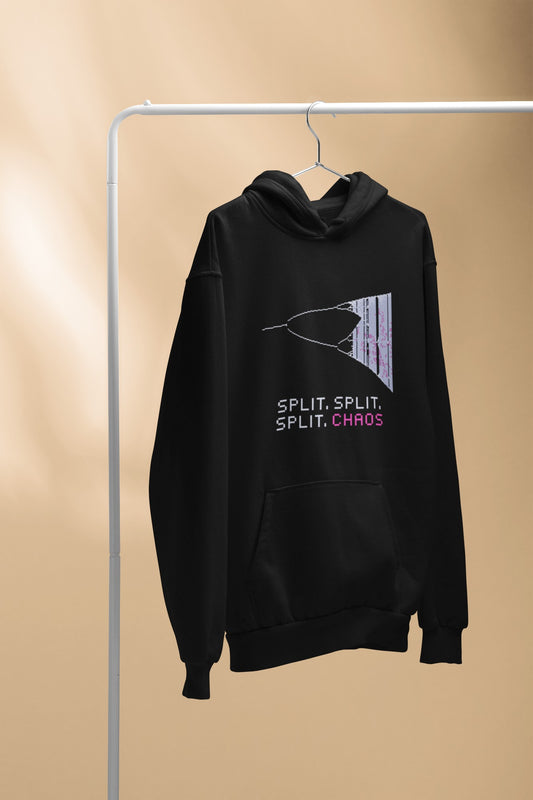 Bifurcation Hoodie – SPLIT, SPLIT, SPLIT, CHAOS | Pixelated Physics – flat front
