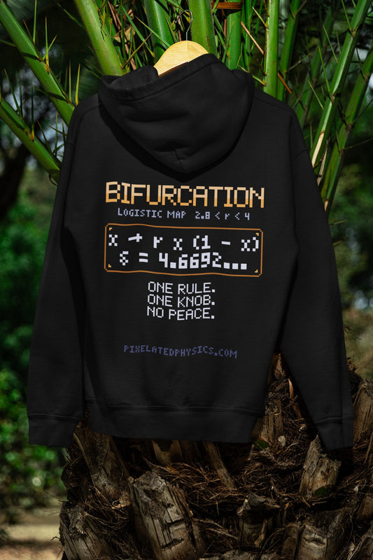 Bifurcation Hoodie – SPLIT, SPLIT, SPLIT, CHAOS | Pixelated Physics – flat back