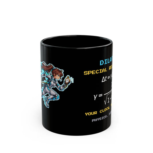 Dilatia – Time Dilation pixel-art physics mug, black ceramic, view 1