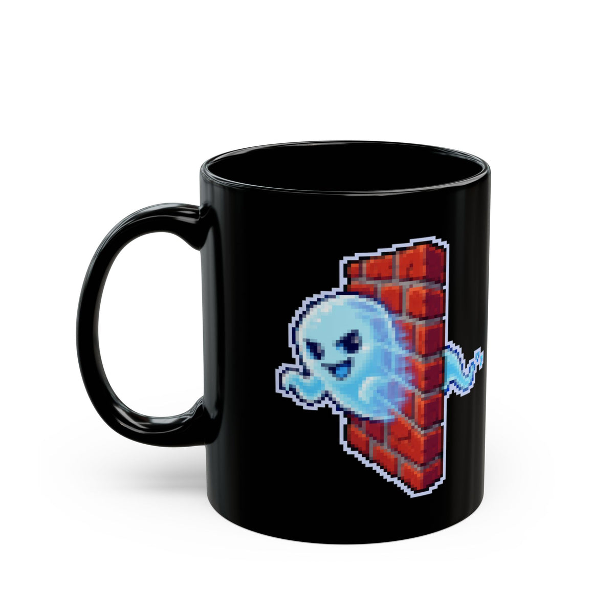 Ghostwall – Quantum Tunnelling pixel-art physics mug, black ceramic, view 4