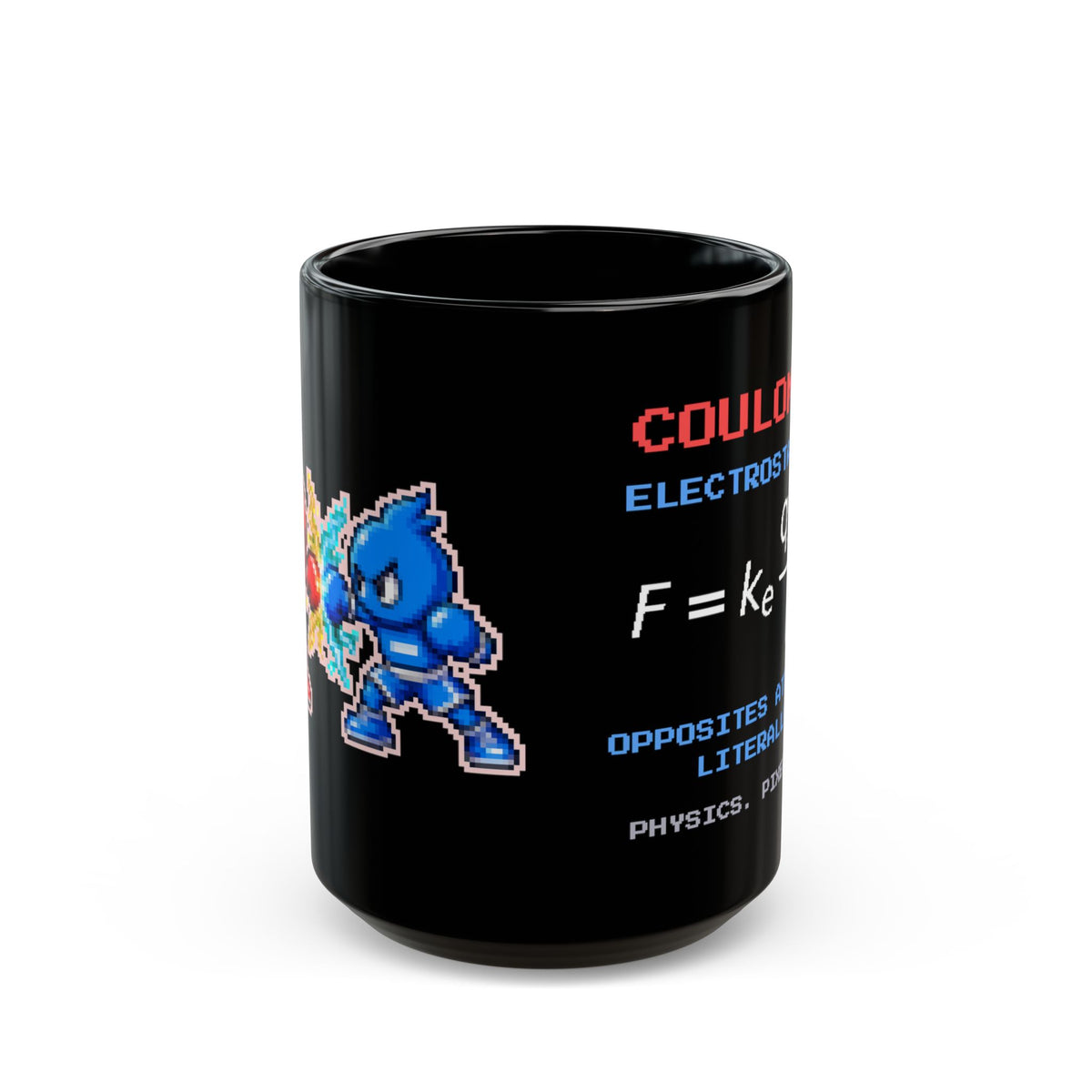 Coulombo – Coulomb’s Law pixel-art physics mug, black ceramic, view 2