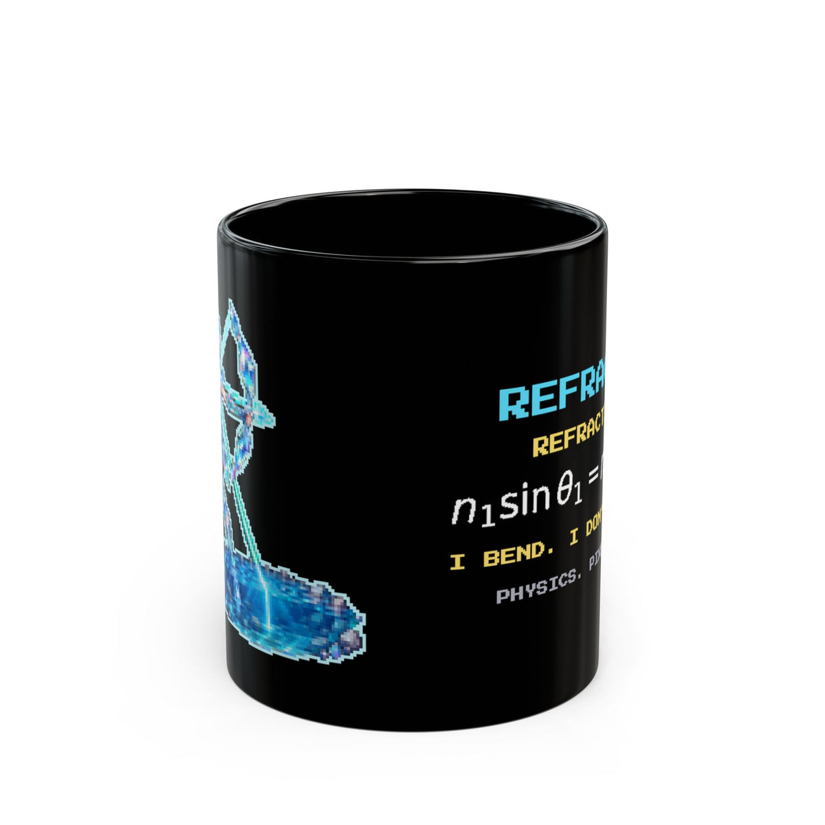 Refracta – Snell’s Law pixel-art physics mug, black ceramic, view 1