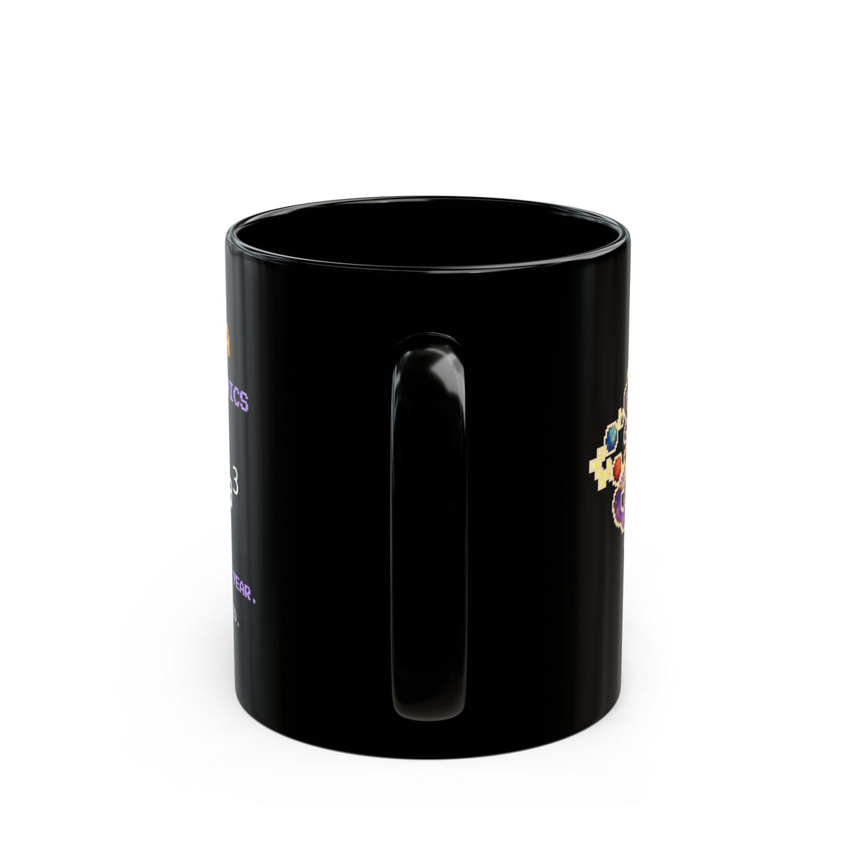 Keplora – Kepler’s Third Law pixel-art physics mug, black ceramic, view 5