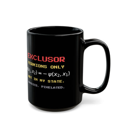 Exclusor – Pauli Exclusion pixel-art physics mug, black ceramic, view 6