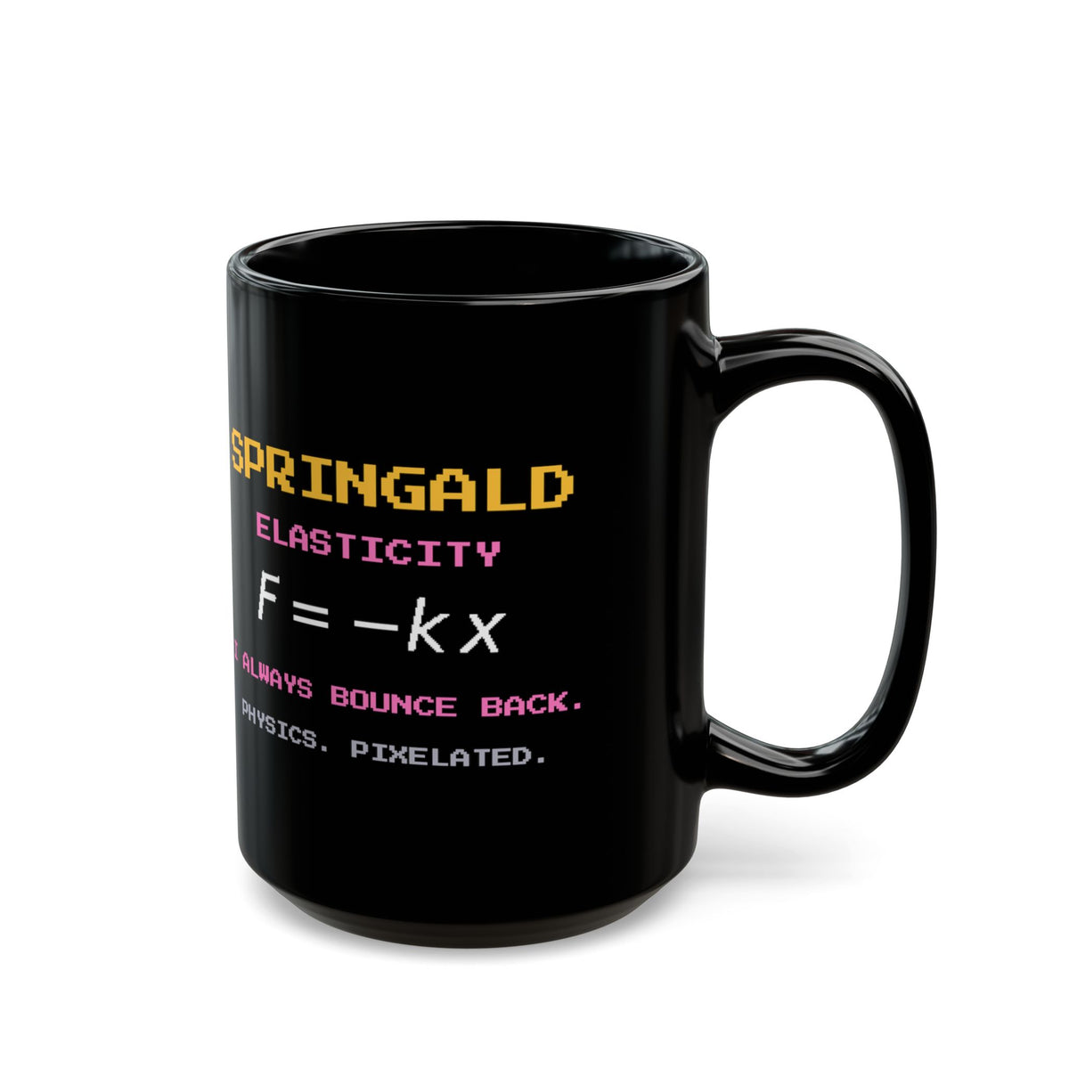 Springald – Hooke’s Law pixel-art physics mug, black ceramic, view 6