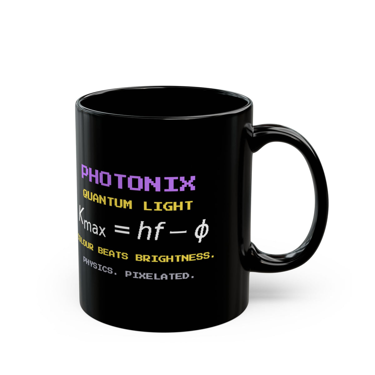 Photonix – Photoelectric Effect pixel-art physics mug, black ceramic, view 3