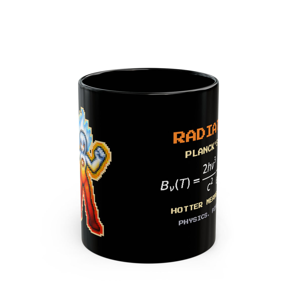 Radiatrix – Blackbody Radiation pixel-art physics mug, black ceramic, view 1