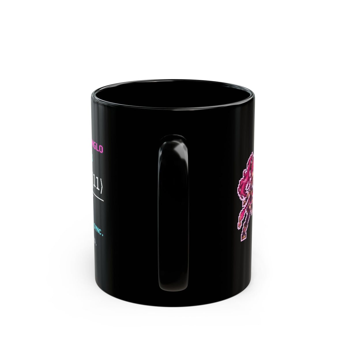 Entangla & Entanglo – Quantum Entanglement pixel-art physics mug, black ceramic, view 5