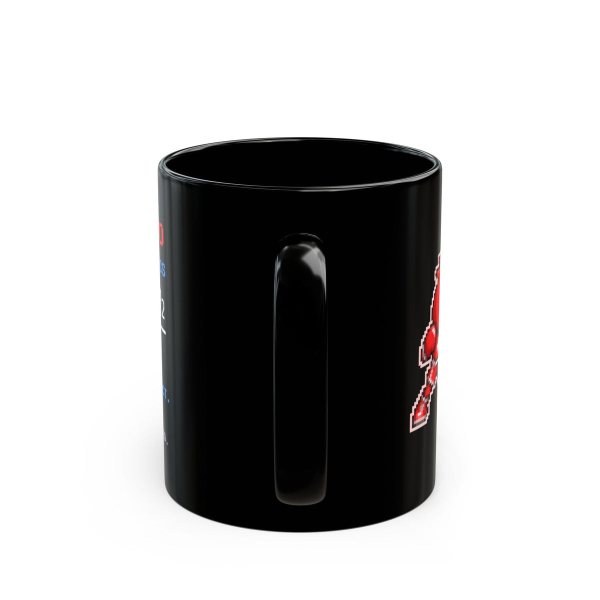 Coulombo – Coulomb’s Law pixel-art physics mug, black ceramic, view 5