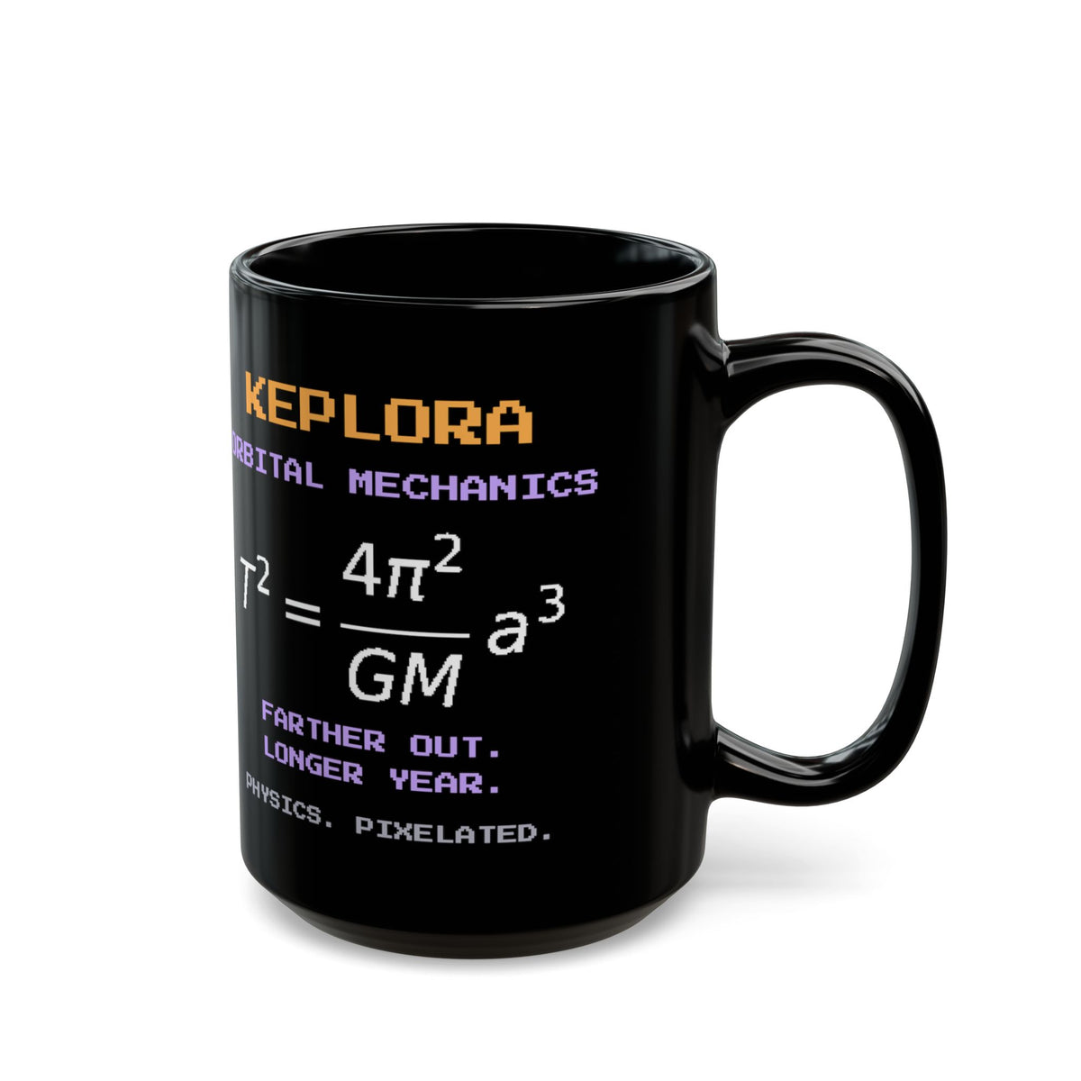 Keplora – Kepler’s Third Law pixel-art physics mug, black ceramic, view 6