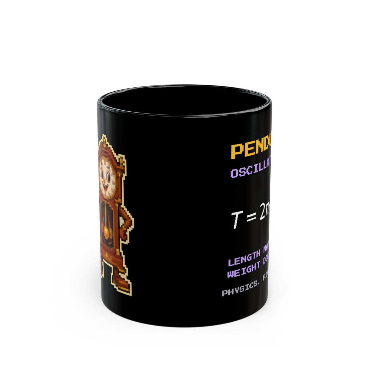 Pendulo – Simple Pendulum pixel-art physics mug, black ceramic, view 1