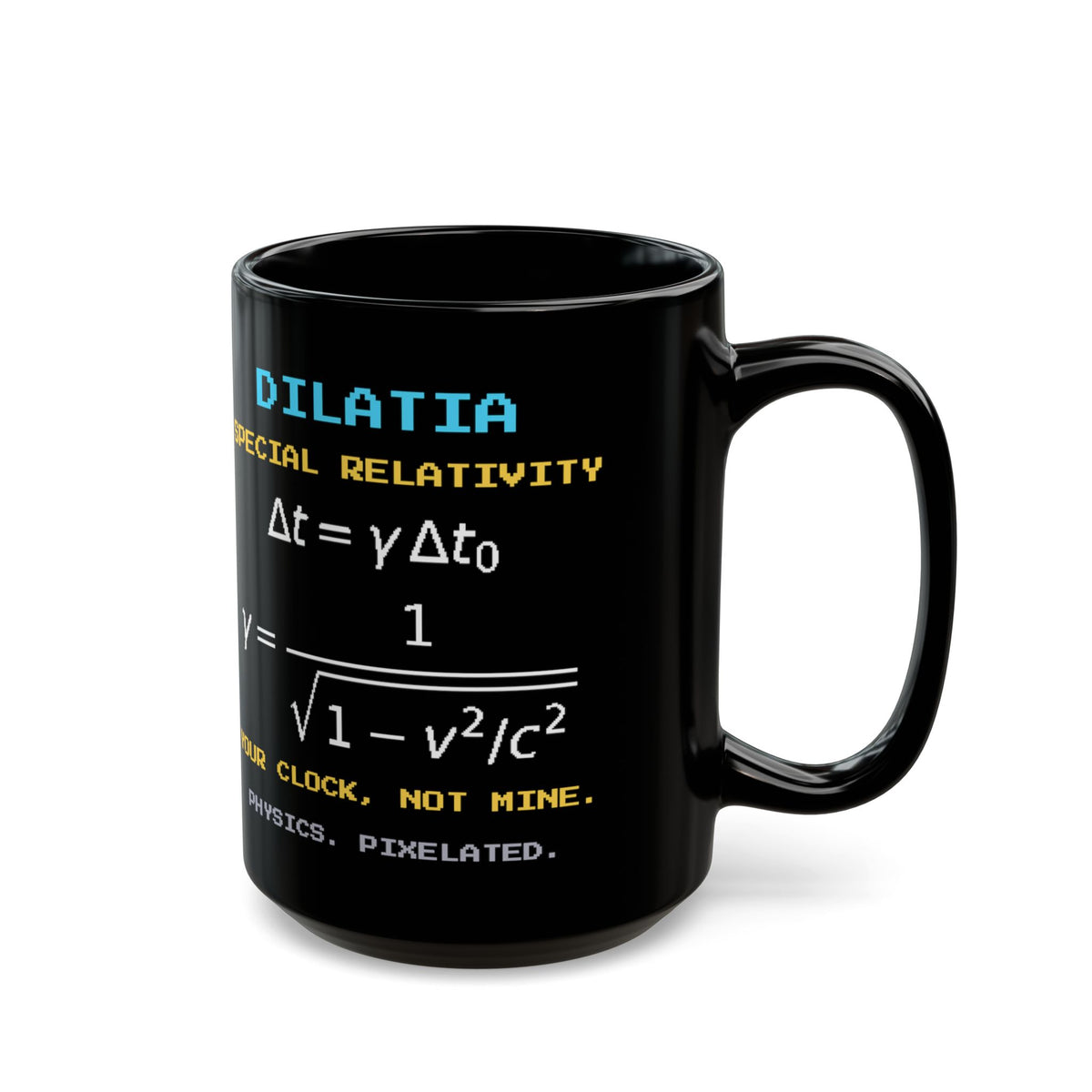 Dilatia – Time Dilation pixel-art physics mug, black ceramic, view 6