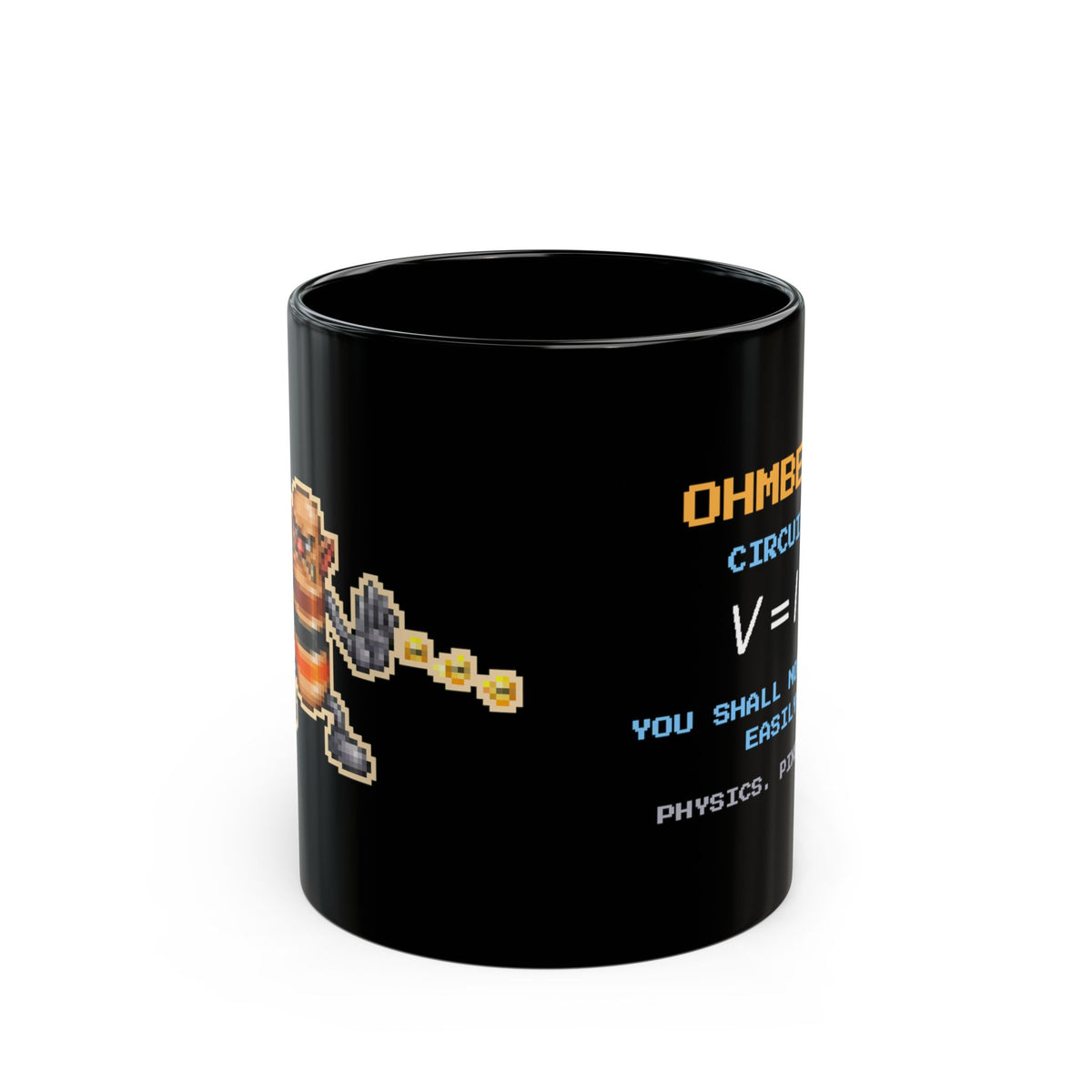 Ohmbert – Ohm’s Law pixel-art physics mug, black ceramic, view 1